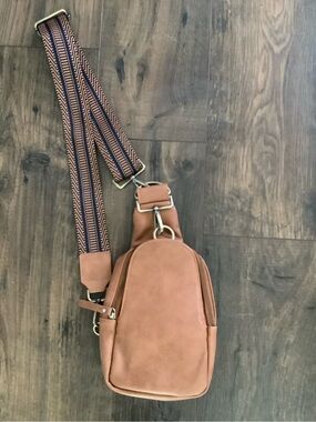 Anthropologie Tan Leather-Look Crossbody Sling Bag with Patterned Strap
